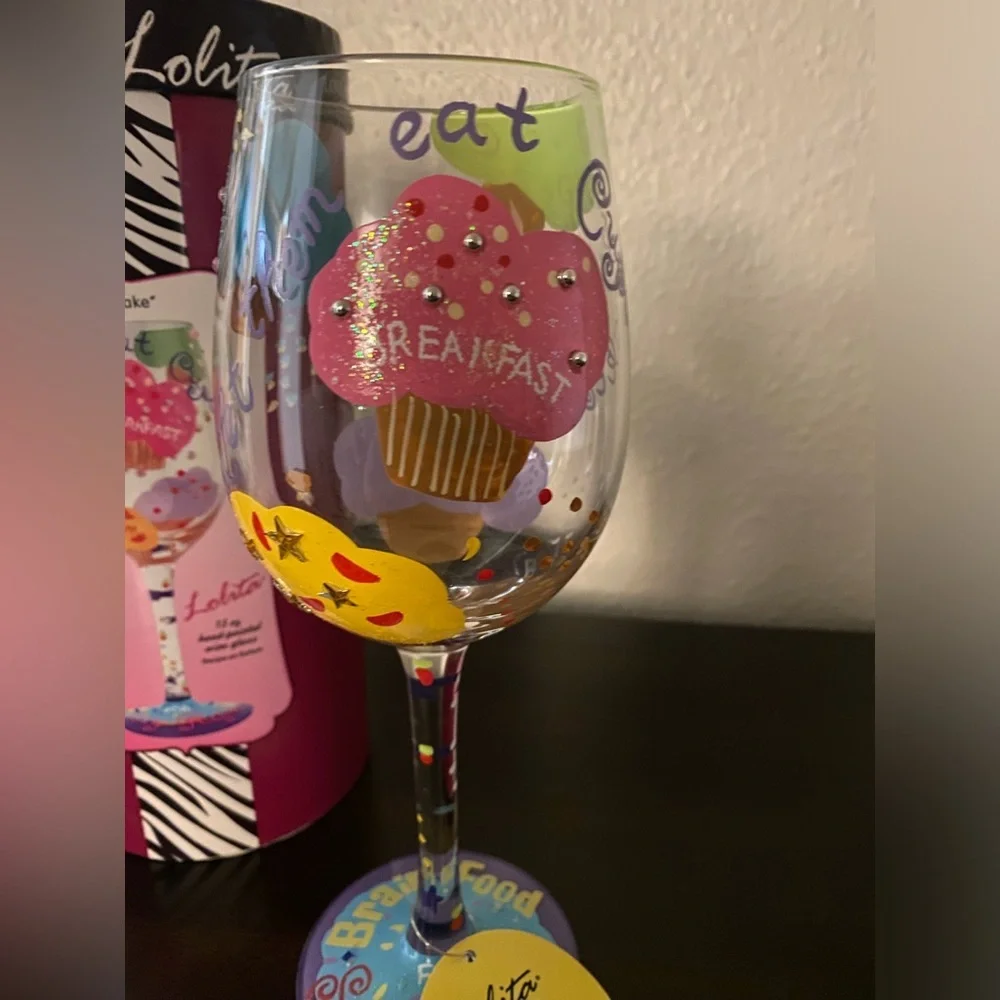 Lolita Cupcake Wine Glass 15oz Hand Painted Collectible NIB Recipe Glass Barware